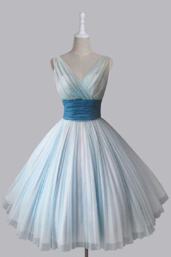 Vintage Short Homecoming Dresses Chiffon Lindsay V-Neck 50s Light Sky Blue Party Dress CD2259