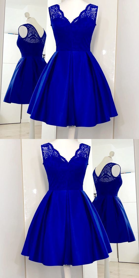 Charming Homecoming Dresses Royal Blue Cute homecoming Dress, Lace Cali Satin Short CD233