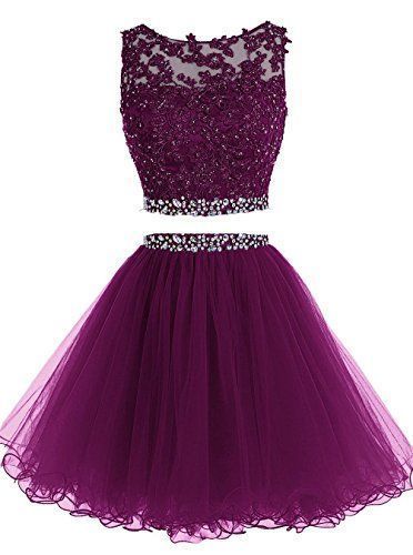 Adrienne Elegant Two Piece homecoming Dress, Homecoming Dresses Short Tulle Purple CD234