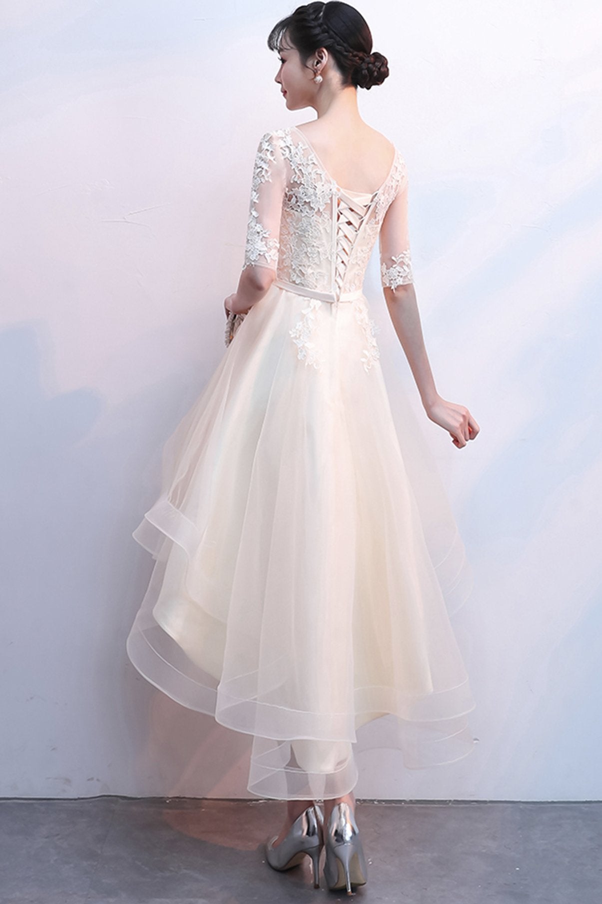 CHAMPAGNE Homecoming Dresses Jazlyn LACE HIGH LOW CD23510