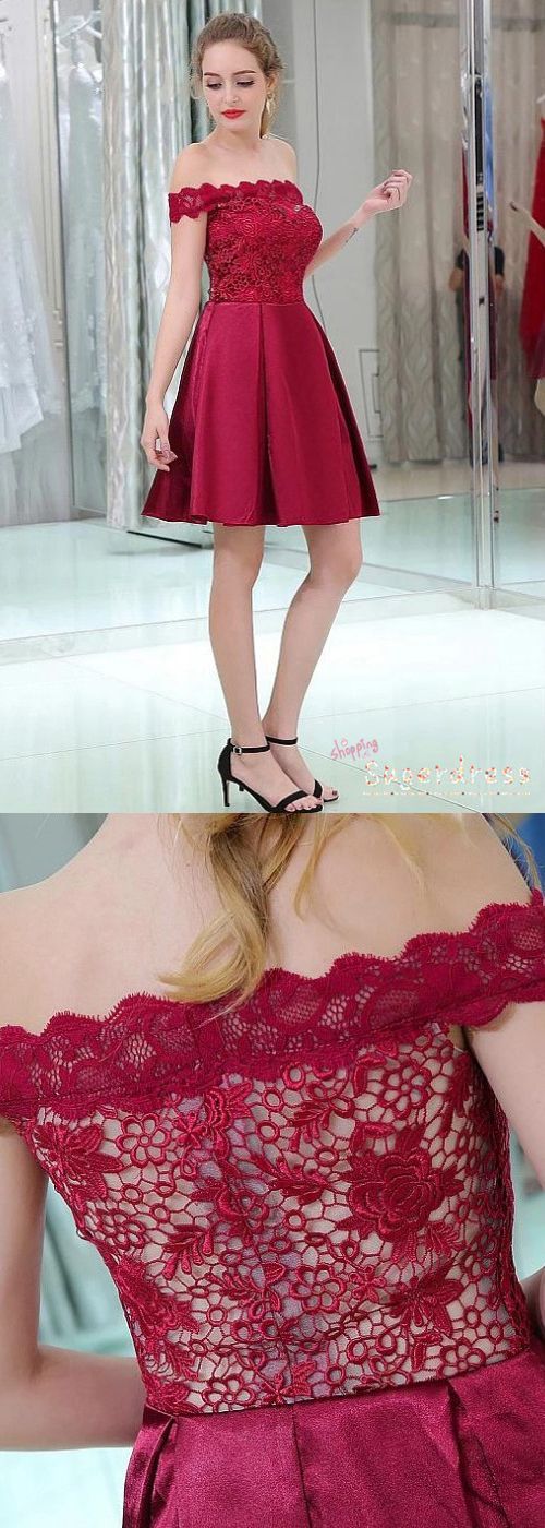 Homecoming Dresses Lace Sheila Short Slash Neck Burgundy With CD24240