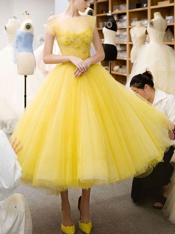 Yellow Tulle Mabel Homecoming Dresses Beads Short Yellow CD24702