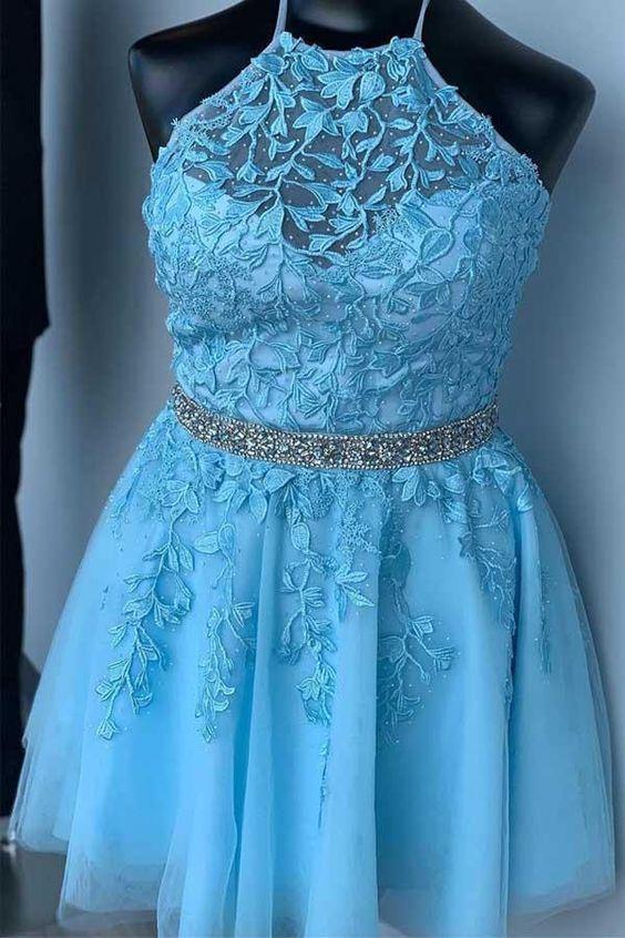 Halter Julie Homecoming Dresses Appliqued Blue With Beading Belt CD24746