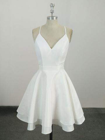 Satin Homecoming Dresses Lace Lizeth White V Neck Short White CD332