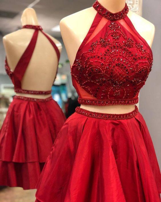 Two Piece Short Red Giselle Homecoming Dresses With Backless CD4037