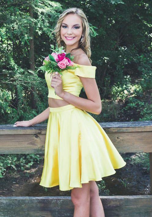 off the shoulder yellow homecoming dresses, Helena two Homecoming Dresses piece short homecoming dress CD4141