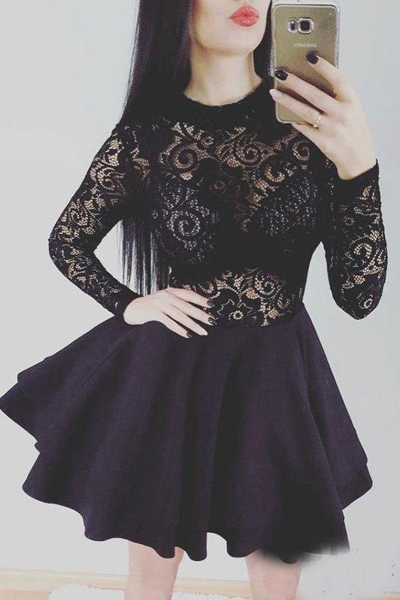 BLACK SHORT Homecoming Dresses Violet WITH LONG SLEEVES LACE CD4644
