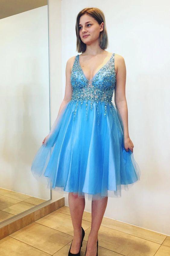 Princess V Homecoming Dresses Alma Neck Knee Length Blue CD5165