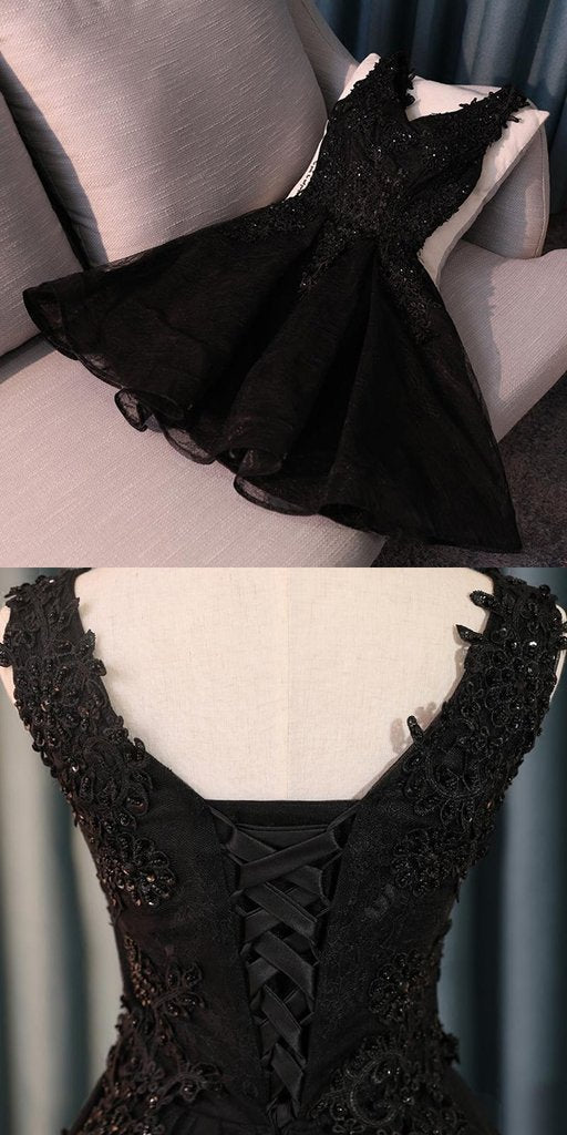 Sexy Deep V-Neck Two Straps Homecoming Dresses Cristina Short Online A-Line Black Juniors Dresses CD593