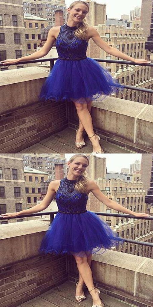 Short Beading With Halter Neckline Homecoming Dresses Royal Blue Patti Affordable CD597