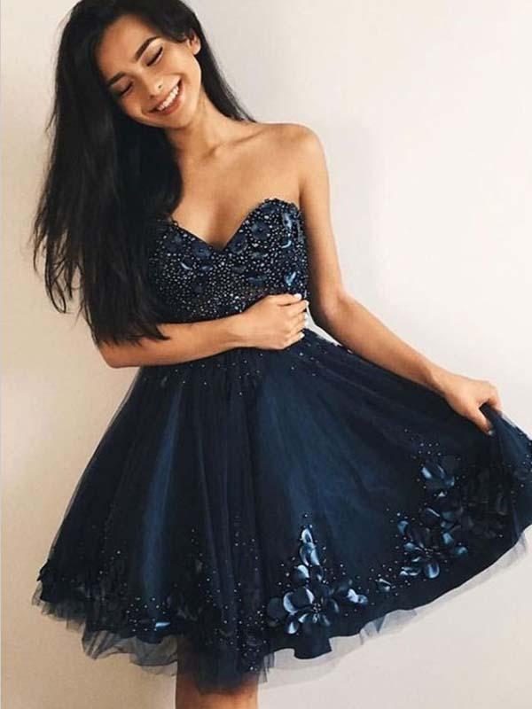 A-Line Sweetheart Navy Blue Homecoming Dresses Sue Tulle CD655