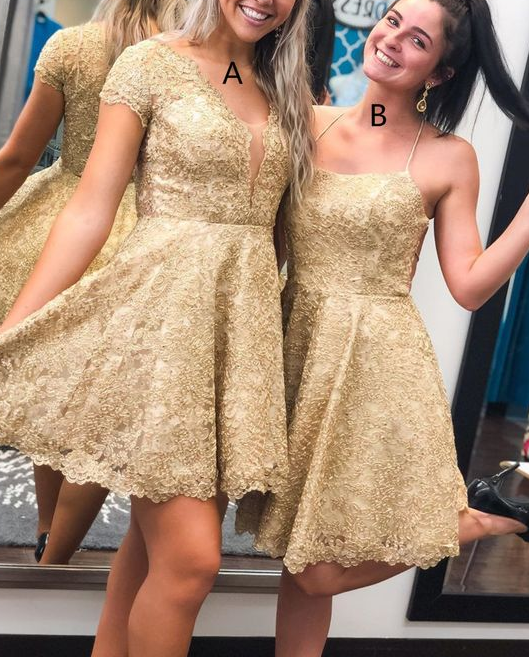 Short Gold Dancing Chanel Lace Homecoming Dresses CD7370