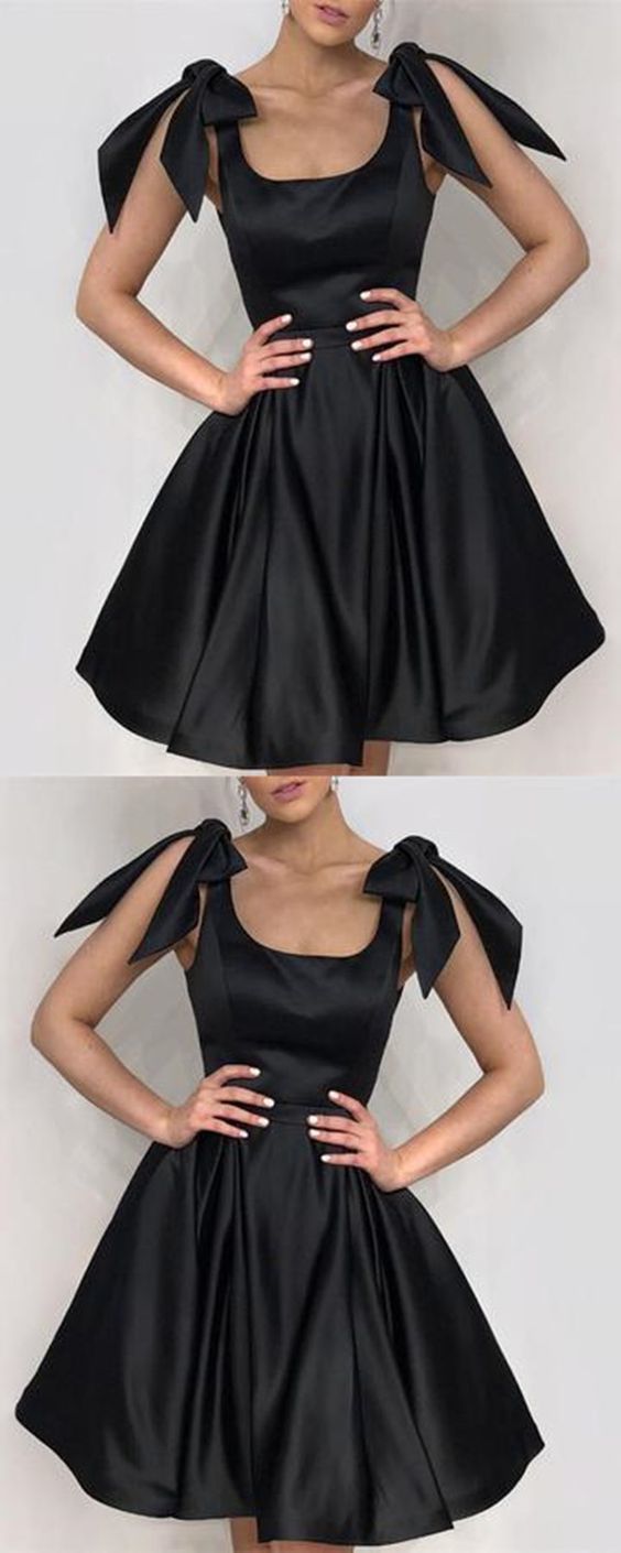 Elegant Black Homecoming Dresses Undine Satin Bow Shoulders Ruffles CD874