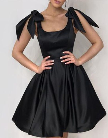 Elegant Black Homecoming Dresses Undine Satin Bow Shoulders Ruffles CD874