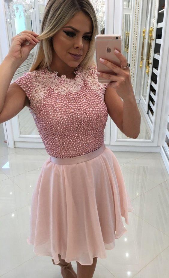 Elegant Junior Hoco Party Dresses With Pink Makenna Homecoming Dresses Beaded Cute Semi Formal Gowns With Cap Sleeves CD9744
