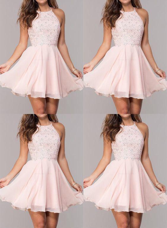Homecoming Dresses Light Pink , Chiffon Short , Beaded Halter Cora CD9780