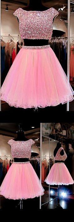 Dylan Pink Two Pieces Homecoming Dresses Cute Jewel Beading CD9897