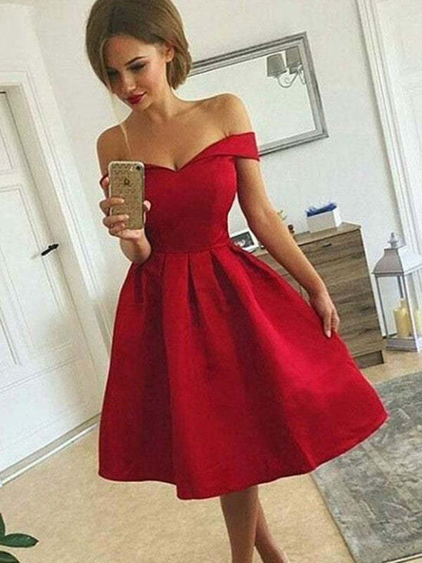 A-Line/Princess Homecoming Dresses Satin Marlee Off-the-Shoulder Sleeveless Ruched Knee-length Dresses